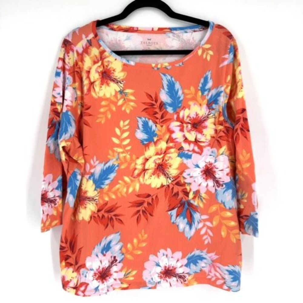 Talbots 3/4 Sleeve Shirt Knit Stretch Floral Orange Size 2X Feminine Tropical